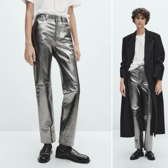 Massimo Dutti Metallic Leather Pants High Waist Straight Leg Silver Size L NWT - Picture 1 of 14